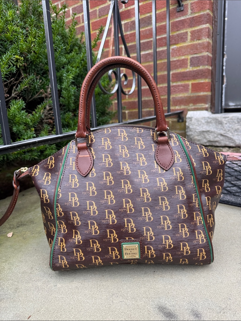 DOONEY & BOURKE SYDNEY BROWN LEATHER W/ GREEN SUEDE TRIM SATCHEL BAG DB LOGO